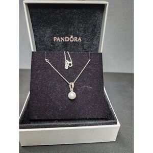 PANDORA Elegant Beauty Pendant, White Pearl & Clear CZ with necklace